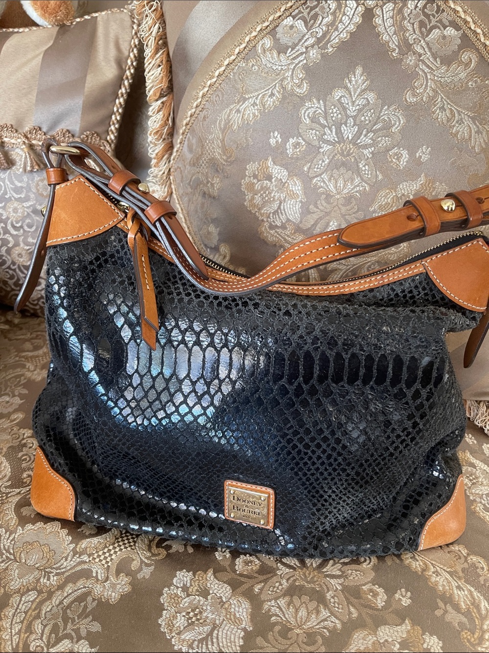 Dooney & Bourke Black Snake-Embossed Leather Hobo with Brown Trim